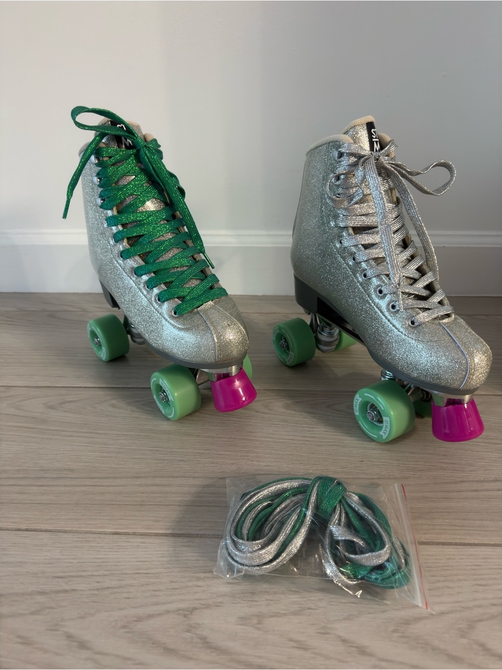 Adult Silver Glitter Roller Skates with Green and Silver lace